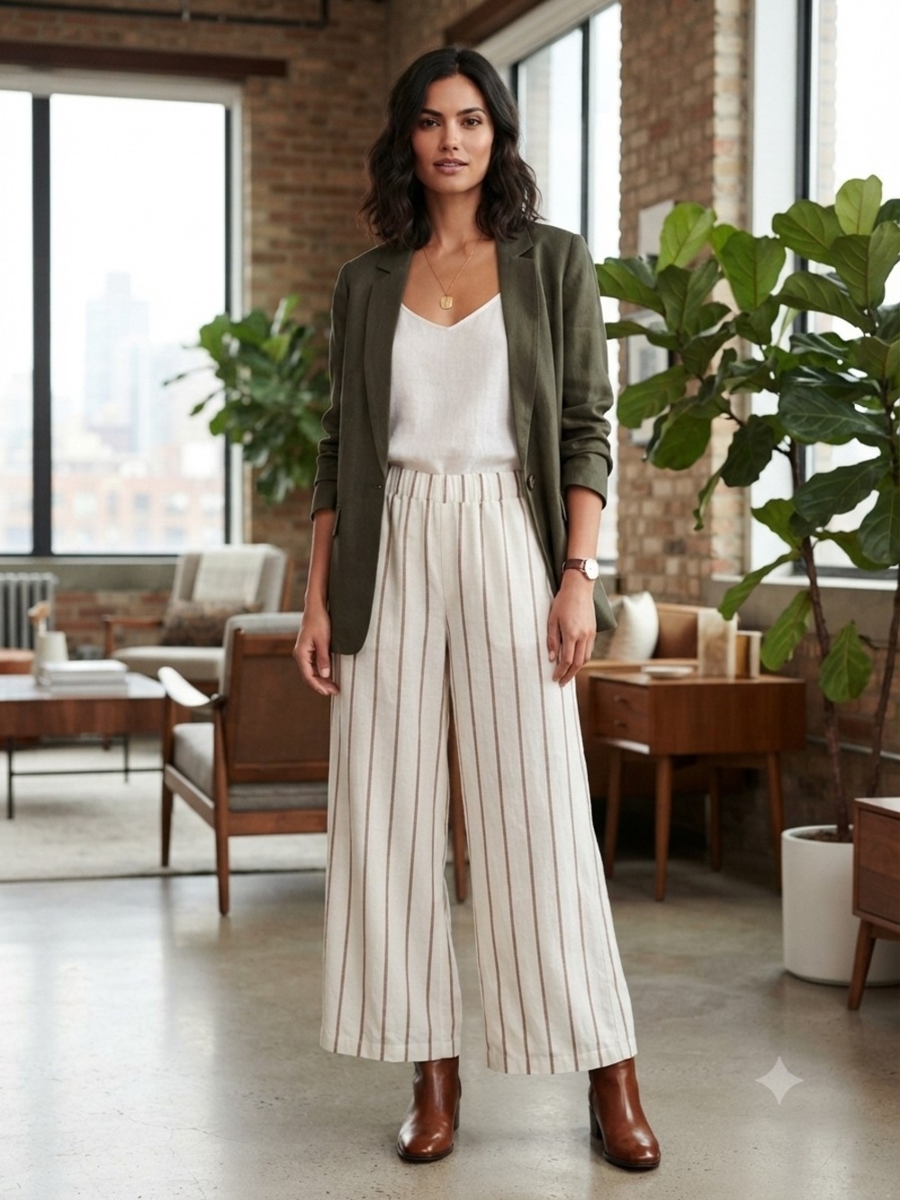 Wide-Leg Striped Cream Pants